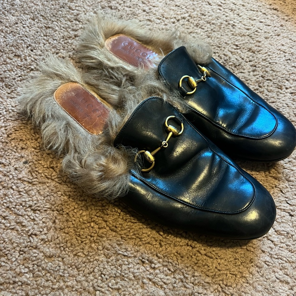 Gucci Calfskin Fur Womens Princetown Slippers Mules